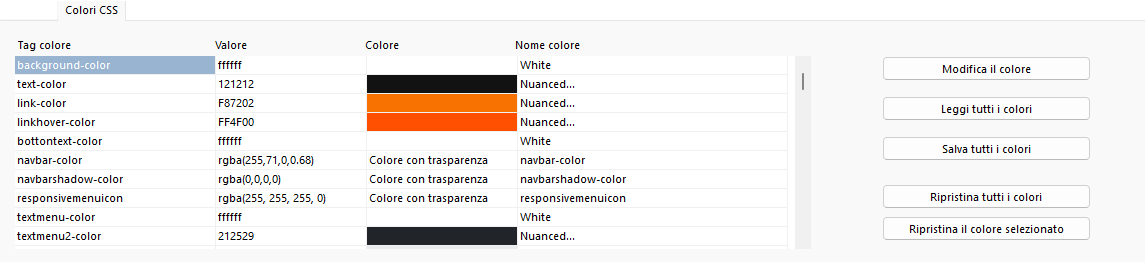 Pannello delle variabili di colore in Static Web Creator